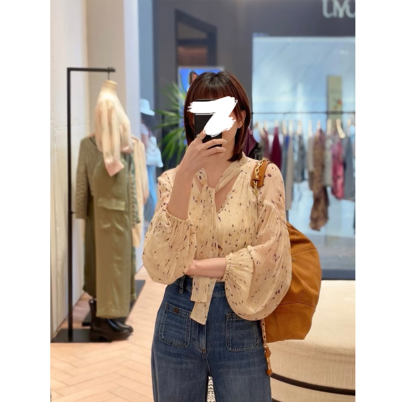 An Ye's Three-Quarter Sleeve Shirt/Ribbon Long-Sleeve Shirt, French Resort Style V-Neck Floral Shirt for Women An Ye's Three-Quarter Sleeve Shirt/Ribbon Long-Sleeve Shirt, French Resort Style V-Neck Floral Shirt for Women