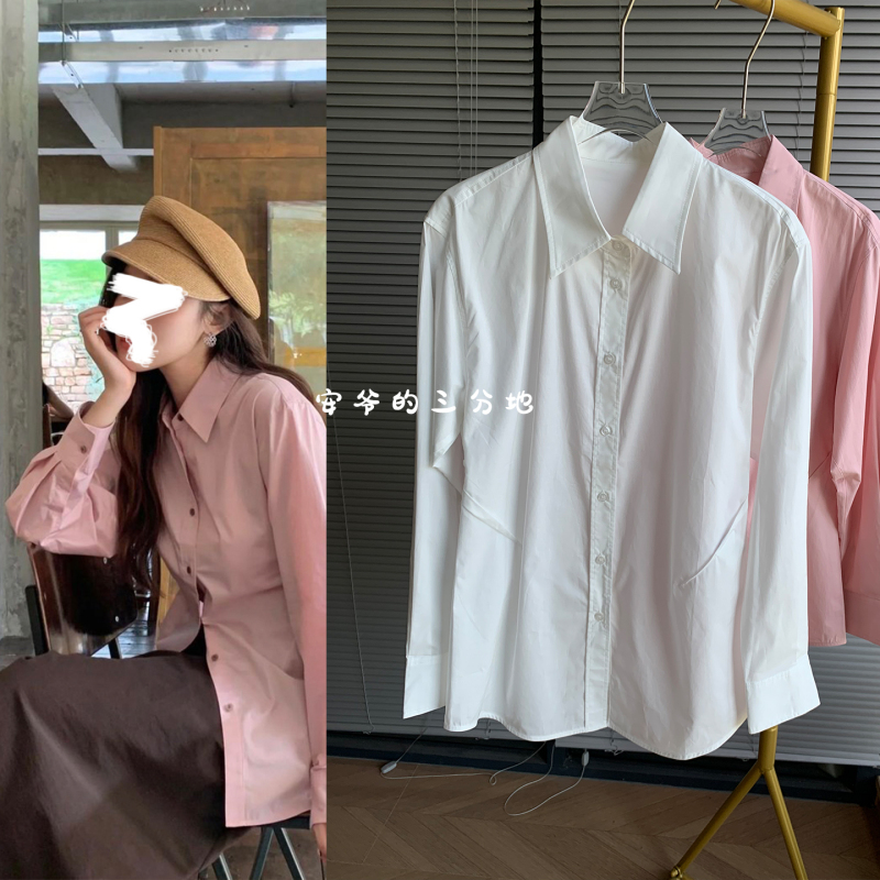 An Ye's Three-Quarter Length/Hip-Hugging Fashionable Pink Long-Sleeved Shirt, 2025 Autumn New Style, Waist-Slimming Shirt