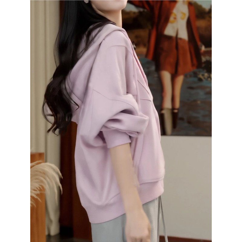 An Ye's Three-Quarter Length/Soft Pink-Purple Pure Cotton Hooded Fleece-Lined Jacket Sweatshirt for Women, 2025 New Model
