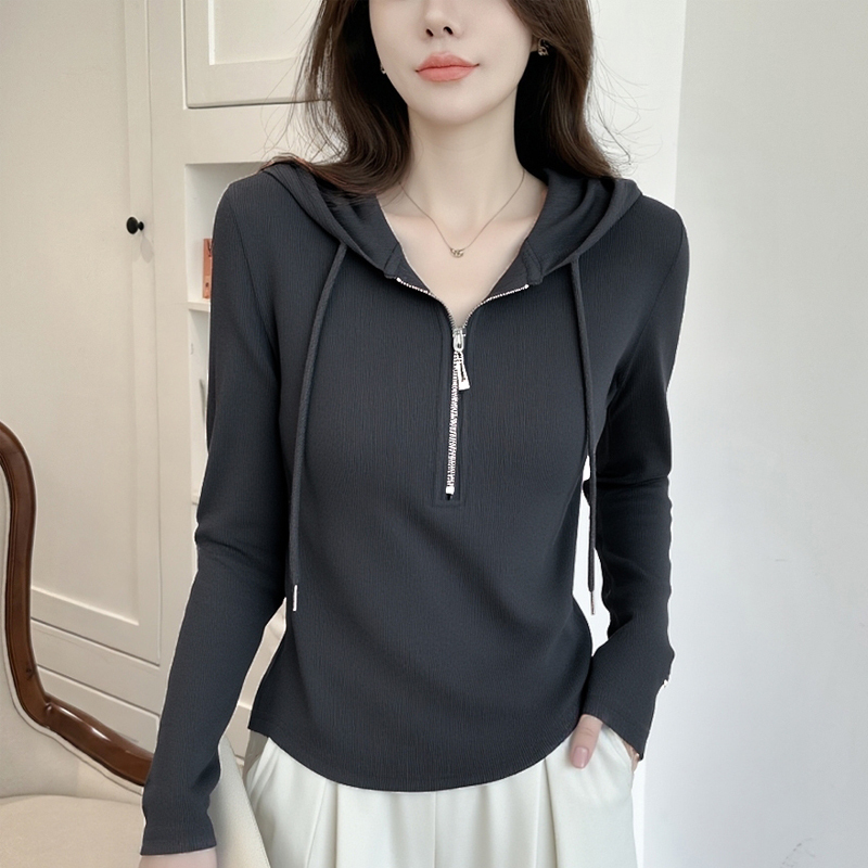 Hooded Zip-Up Long-Sleeve T-Shirt for Women, New Spring and Autumn Fashion, Versatile Thin Sweatshirt, Base Layer Hoodie, Short Top
