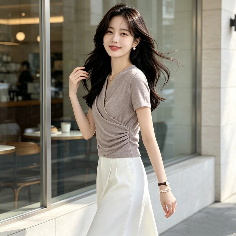 A1 Original Design, Unique Cross V-Neck Waist-Cinching Top 301