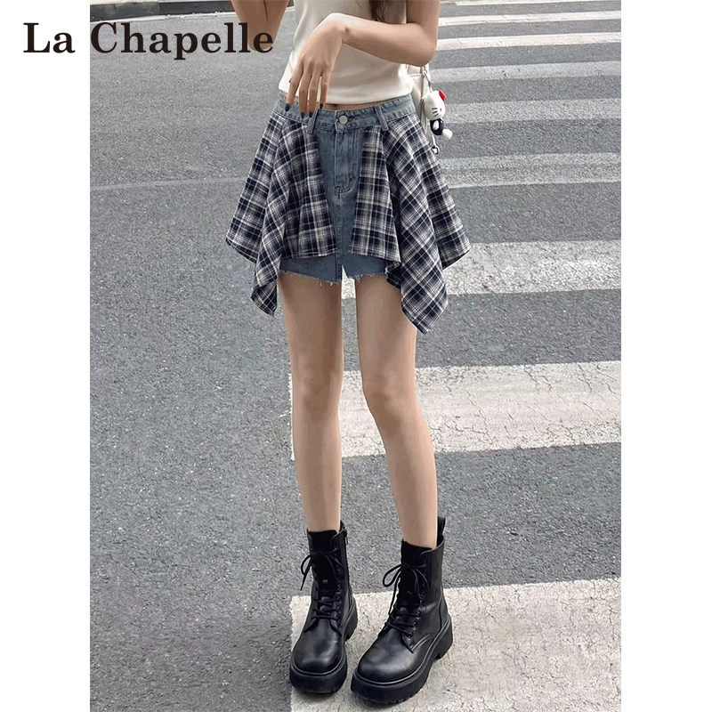 La Chapelle Plaid Patchwork Denim Shorts for Women 2026 Summer New High-Waisted Slimming A-Line Wide-Leg Pants