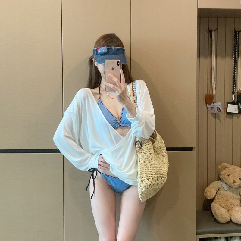 Korean Uamtor Sexy Pure Desire Style High-End Bikini Two-Piece Long-Sleeve Cover-Up Vacation Hot Spring Swimsuit for Women