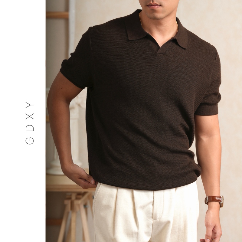 Gdxy [Mulberry Silk Wool Blend] Italian Old Money Style Seagull Collar Knitted Polo Shirt Men's Short Sleeve T-Shirt
