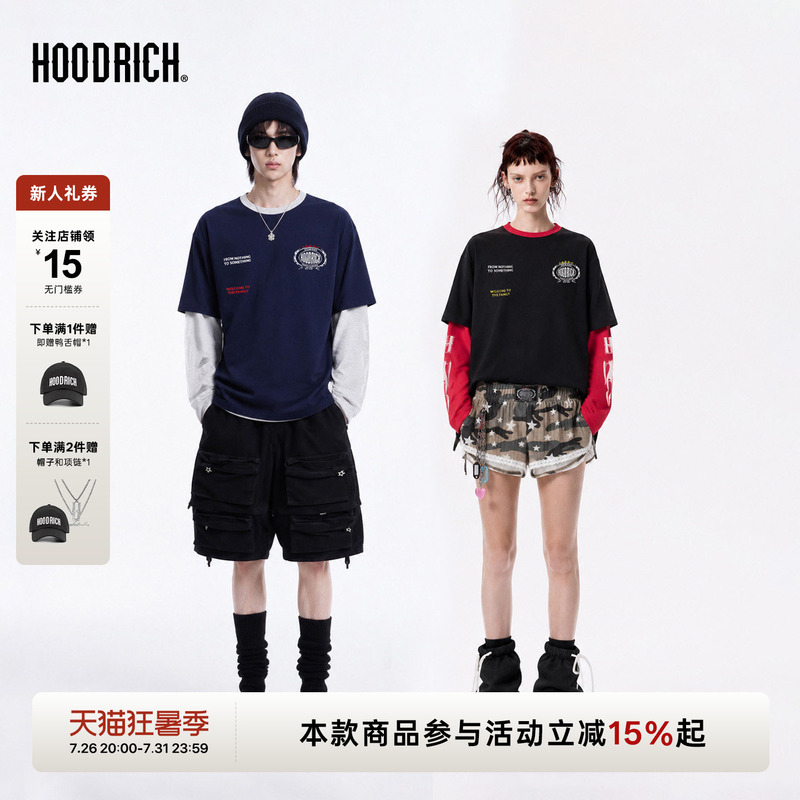 Hoodrich American Street Style Fake Two-Piece Long-Sleeve T-Shirt, Spring and Autumn Loose Letter Print Top, Unisex for Couples Hoodrich American Street Style Fake Two-Piece Long-Sleeve T-Shirt, Spring and Autumn Loose Letter Print Top, Unisex for Couples