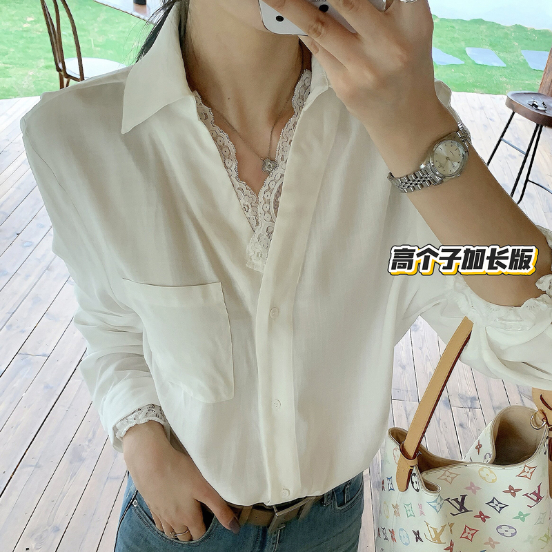Gentle Trap: Long White Heavy-Duty Lace Patchwork Blended Cotton Elegant V-Neck Lace Shirt for Tall Individuals