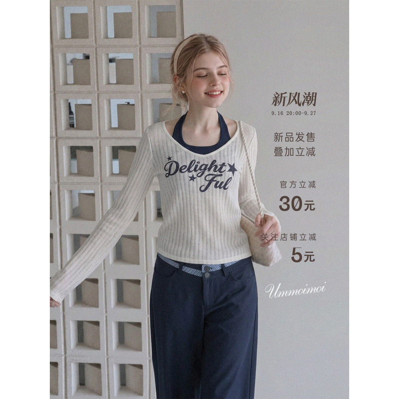 Ummoimoi White American-Style Printed Halter Neck Fake Two-Piece U-Neck Long-Sleeve T-Shirt for Women, Early Autumn Design, Slim-Fit Top Ummoimoi White American-Style Printed Halter Neck Fake Two-Piece U-Neck Long-Sleeve T-Shirt for Women, Early Autumn Design, Slim-Fit Top