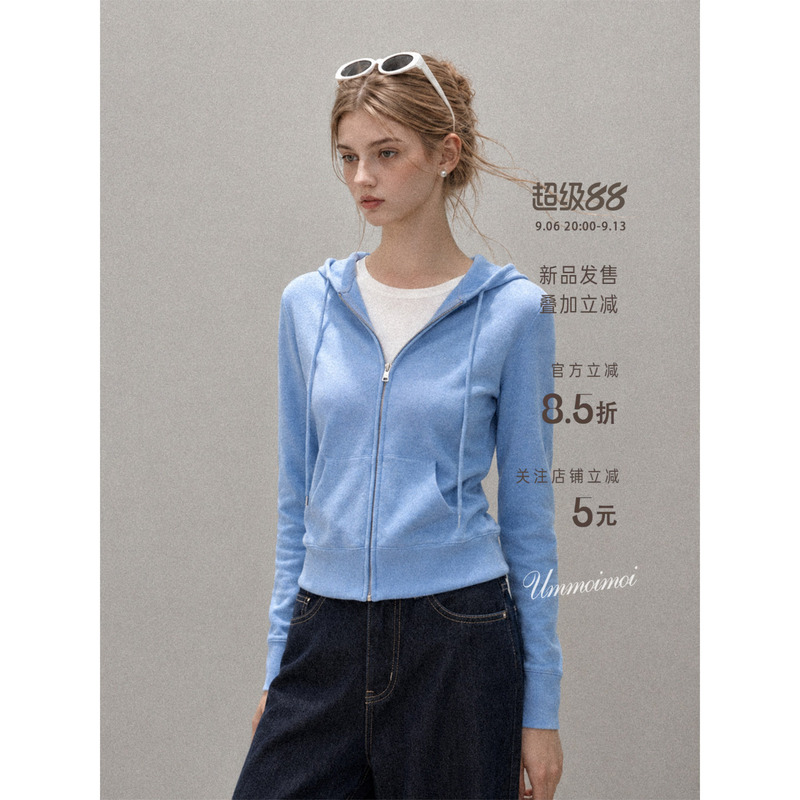 Ummoimoi Korean Style Blue Hooded Zip-Up Long-Sleeve Jacket for Women 2026 Autumn New Dopamine Slim-Fit Top Ummoimoi Korean Style Blue Hooded Zip-Up Long-Sleeve Jacket for Women 2026 Autumn New Dopamine Slim-Fit Top