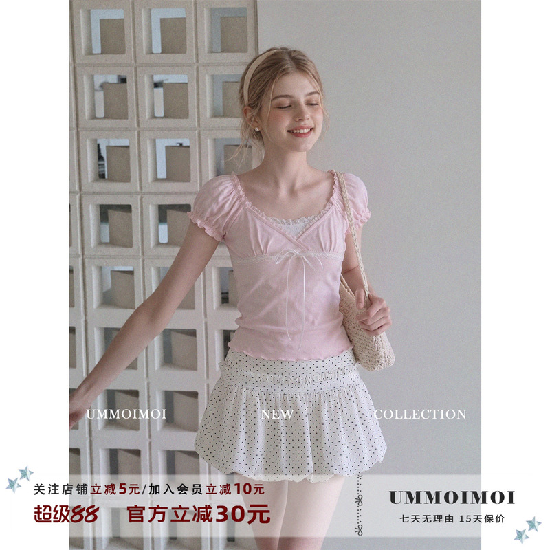 Ummoimoi Pink Lace Splicing Ruffled V-Neck Short-Sleeved T-Shirt for Women, Summer Sweet and Age-Reducing Slim-Fit Short Top Ummoimoi Pink Lace Splicing Ruffled V-Neck Short-Sleeved T-Shirt for Women, Summer Sweet and Age-Reducing Slim-Fit Short Top