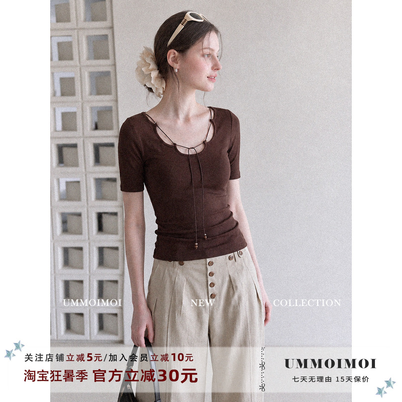 Ummoi Korean Style Coffee-Colored String Lace-Up U-Neck Short-Sleeve T-Shirt for Women, Summer Unique Design, Slim Fit Short Top