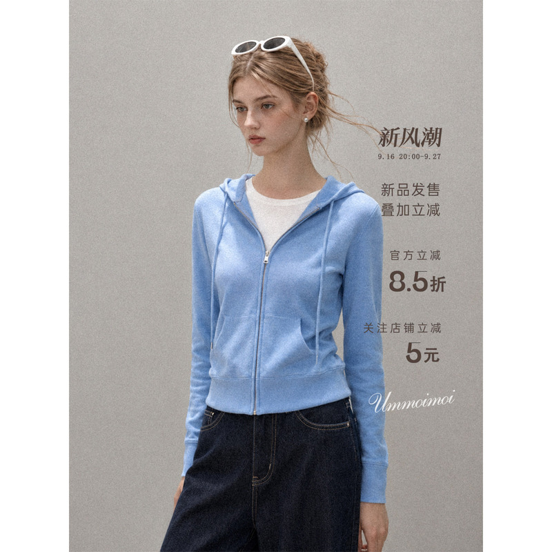 Ummoimoi Korean Style Blue Hooded Zip-Up Long-Sleeve Jacket for Women 2026 Autumn New Dopamine Slim-Fit Top Ummoimoi Korean Style Blue Hooded Zip-Up Long-Sleeve Jacket for Women 2026 Autumn New Dopamine Slim-Fit Top