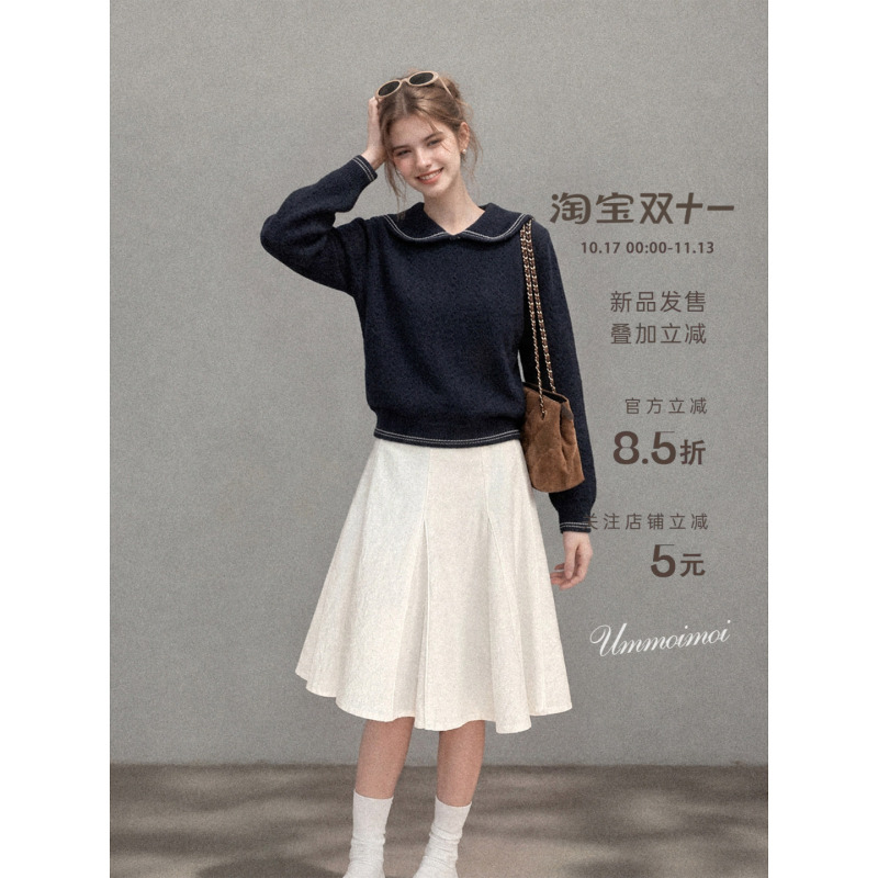 Ummoimoi Preppy Style Navy Collar Long-Sleeved Pullover Knitted Sweater for Women Autumn and Winter New Style Loose Top