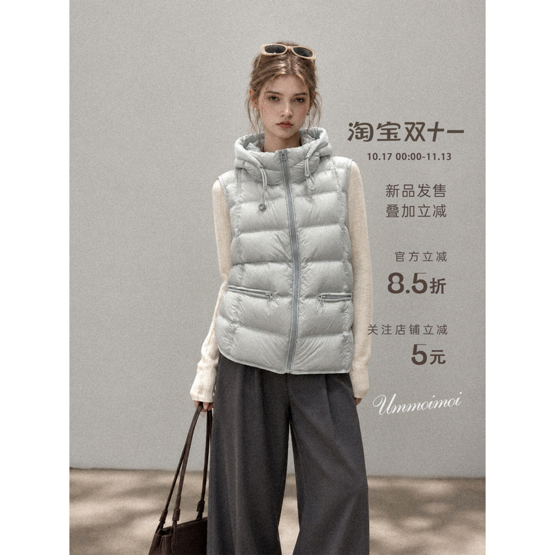 Ummoimoi Blue Hooded Drawstring Sleeveless Ribbed Vest for Women Winter Workwear Style Loose Warm Jacket Top Ummoimoi Blue Hooded Drawstring Sleeveless Ribbed Vest for Women Winter Workwear Style Loose Warm Jacket Top