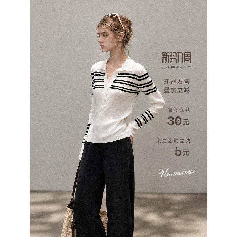 Ummoimoi White Striped Jacquard Color-Block Half-Open Collar Long-Sleeve Knit Top for Women, Autumn High-End Slim-Fit Top