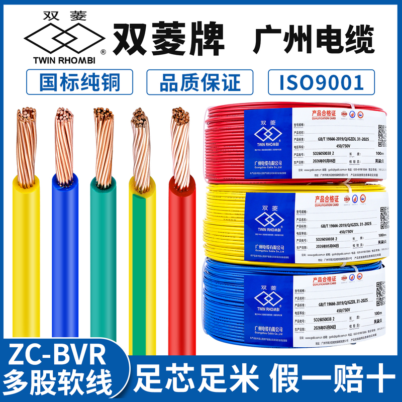 Guangzhou Cable National Standard Pure Copper Shuangling Brand Wire Bvr1.5/2.5/4/6 Square Flame Retardant Multi-Strand Flexible Wire