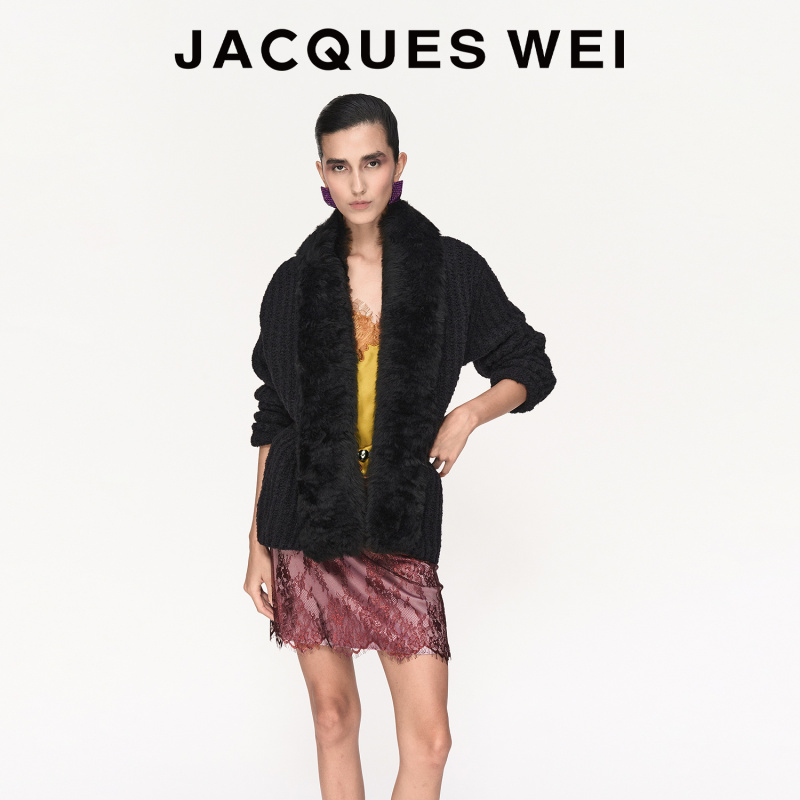 Jacques Wei High-End Fur Collar Patchwork Wool Knit Cardigan Loose Casual Belted Sweater Jacques Wei High-End Fur Collar Patchwork Wool Knit Cardigan Loose Casual Belted Sweater