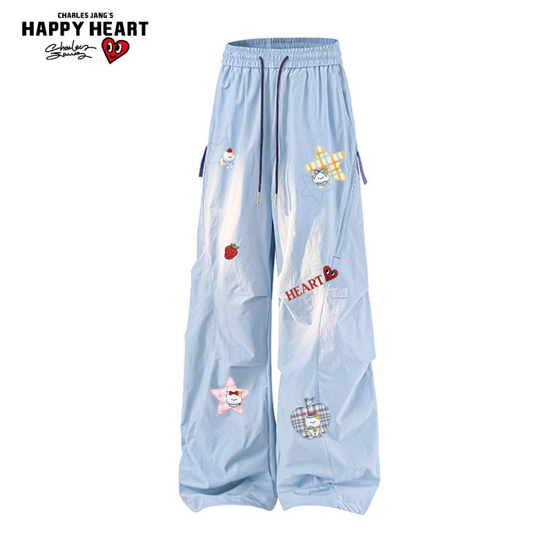 Charles Heart-Shaped Playful Print Cargo Pants for Men and Women, Spring, Autumn, and Summer, Loose Straight-Leg Trendy Versatile Work Pants