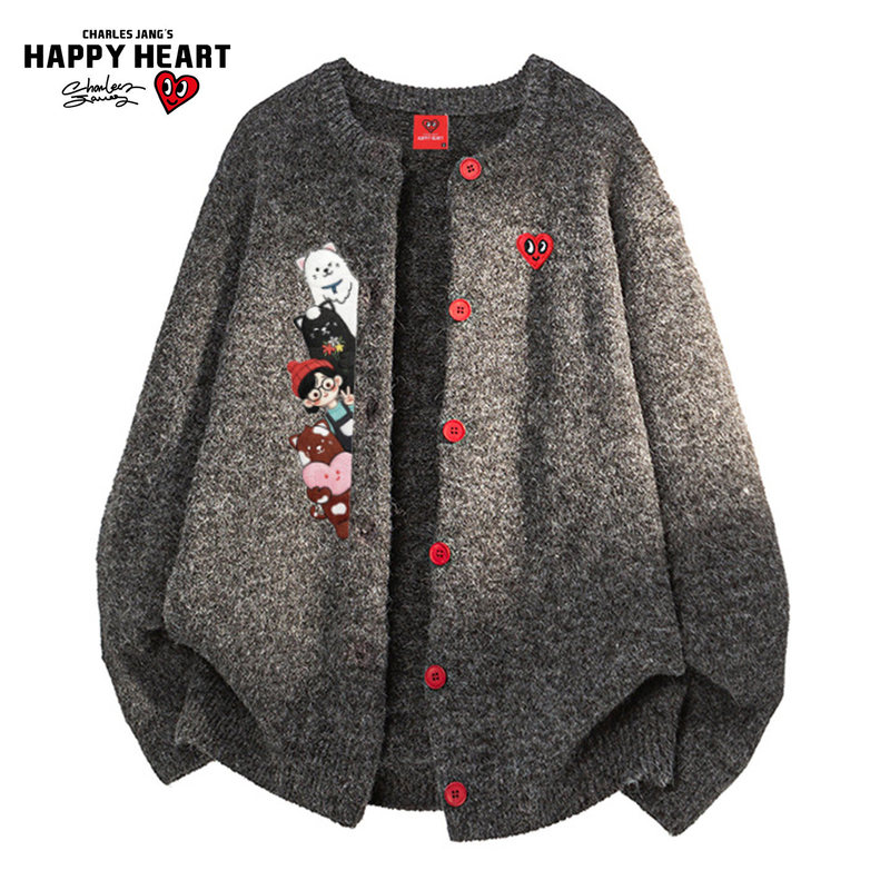 Charles Heart Cartoon Character Round Neck Sweater Jacket for Men and Women, Autumn Loose Casual Simple Knitted Cardigan