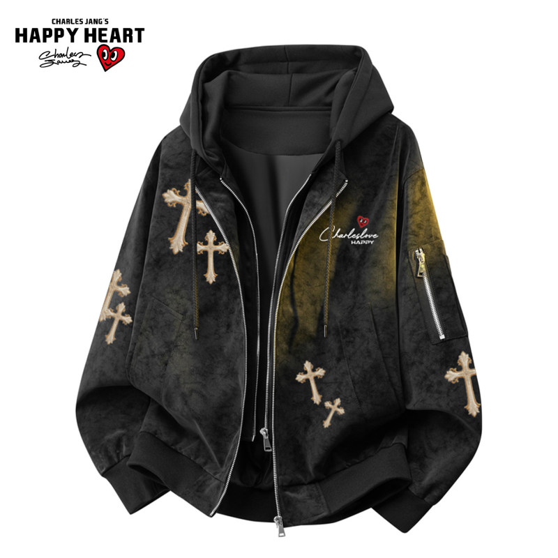 Charles Heart Vintage Pu Leather Hooded Jacket for Men and Women, New Spring and Autumn Street Style Versatile Fake Two-Piece Coat Trend