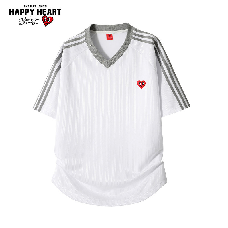 Charles Heart-Shaped V-Neck Short-Sleeve T-Shirt for Men and Women, Summer Color-Block Striped American Retro High Street Stylish Trendy Top