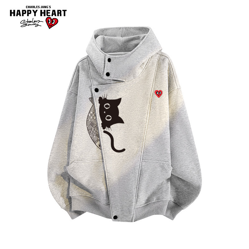 Charles Heart Black Cat Print Hooded Cardigan Sweatshirt for Men and Women, Autumn Loose Fit, Asymmetrical Placket, Versatile Trendy Top Charles Heart Black Cat Print Hooded Cardigan Sweatshirt for Men and Women, Autumn Loose Fit, Asymmetrical Placket, Versatile Trendy Top
