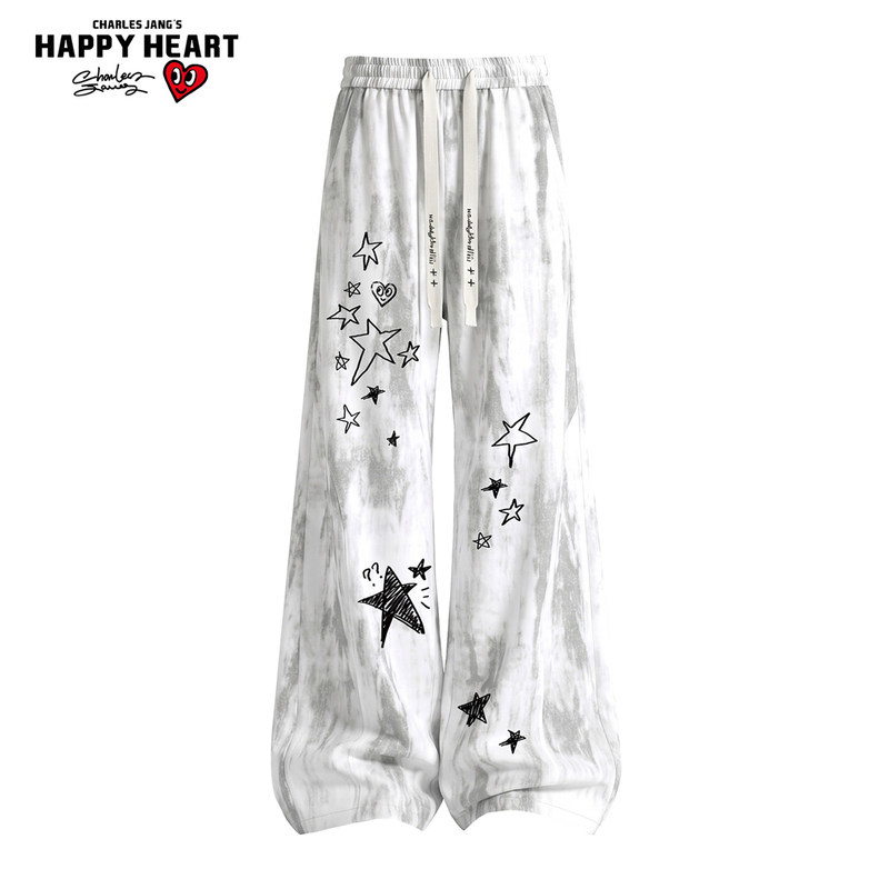 Charles Heart American-Style Tie-Dye Star Print Ice Silk Casual Pants for Men and Women, Spring and Autumn Loose Straight-Leg Long Pants Charles Heart American-Style Tie-Dye Star Print Ice Silk Casual Pants for Men and Women, Spring and Autumn Loose Straight-Leg Long Pants