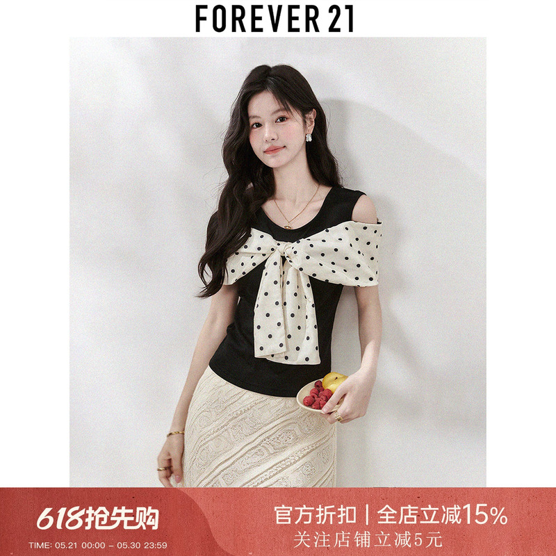 Forever21 French Black Polka Dot Bow Short-Sleeved T-Shirt for Women Summer New Style Unique and Beautiful Off-The-Shoulder Top