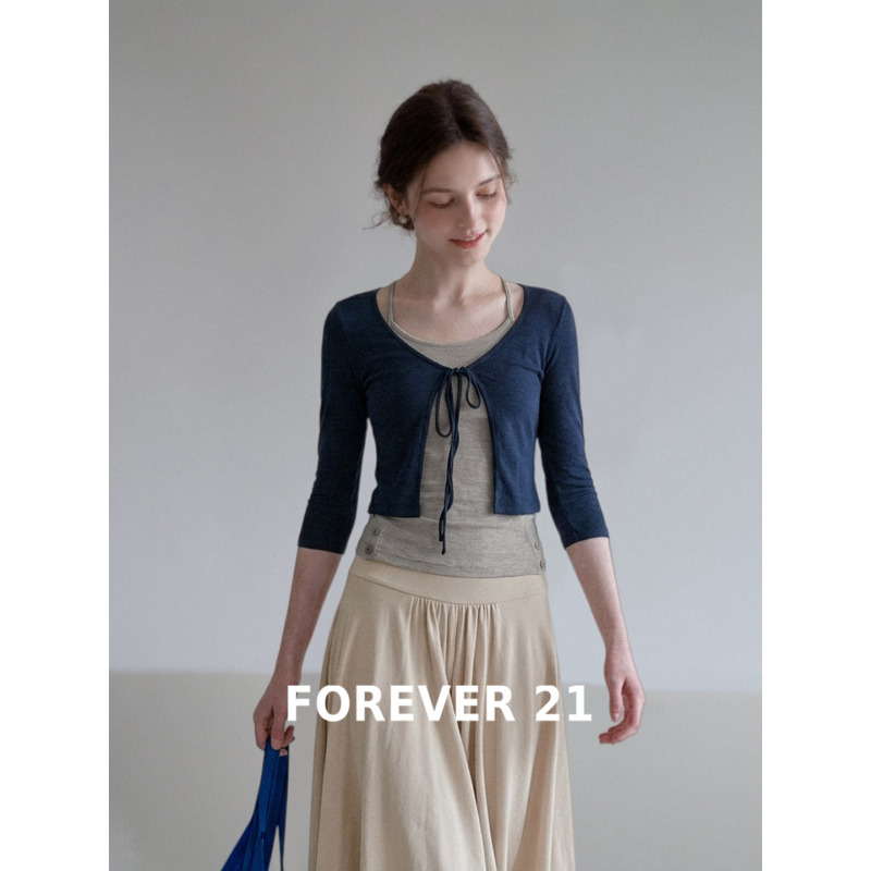 Forever21 Korean-Style Blue Mid-Sleeve Sun-Protective T-Shirt for Women 2026 Summer Tie-Up and Strap Slimming Top Two-Piece Set