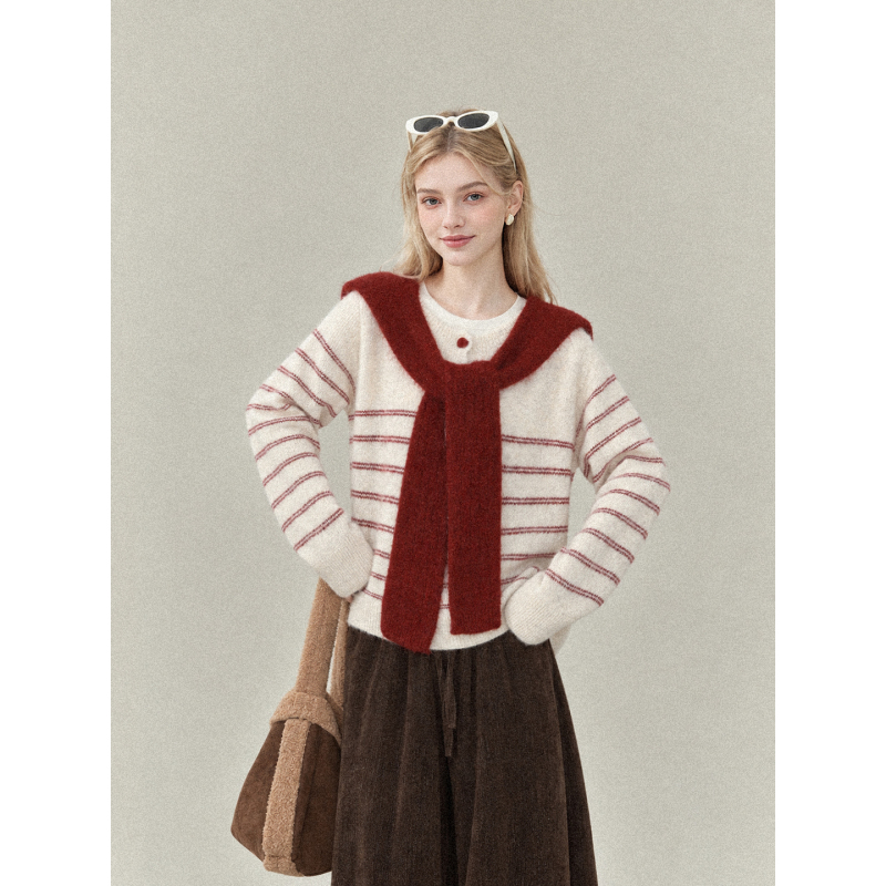 Forever21 Red and White Striped Shawl Thick Sweater Coat for Women Autumn and Winter Lazy Loose Knitted Cardigan Top