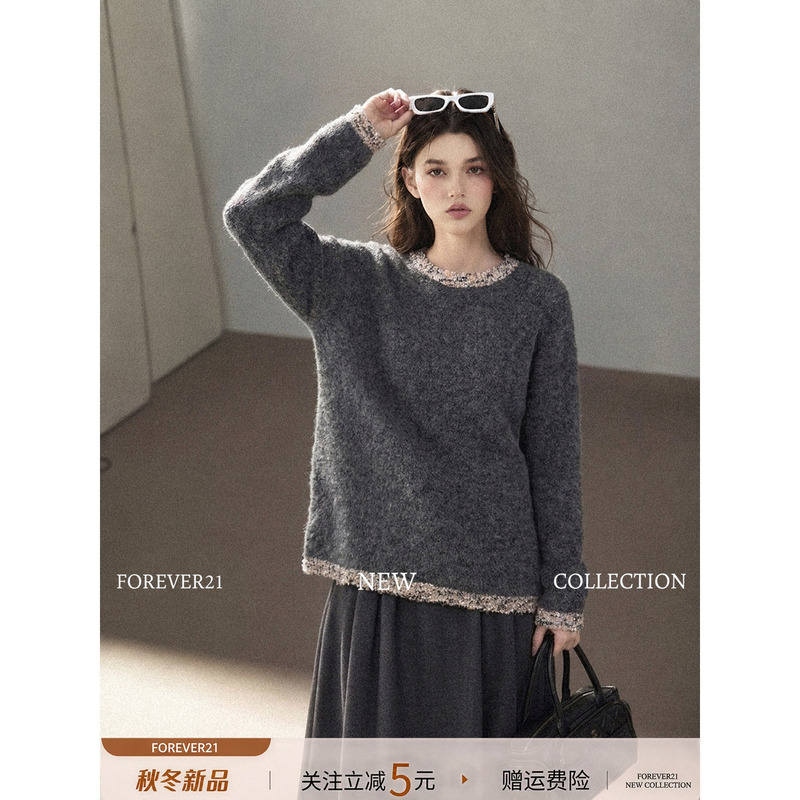 Forever21 Gray Round-Neck Knitted Long-Sleeved Thickeneded Sweater Women's Outerwear Autumn Outer Wear Inner Layering Shirt Top