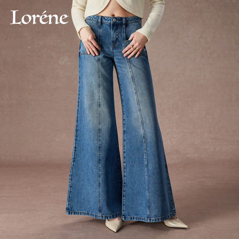 Lorene Women's Jeans Washed Denim Low-Rise Wide-Leg Pants Pure Cotton Vintage Y2K Trendy Flared Pants