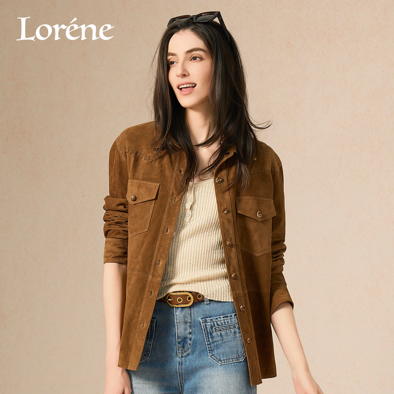 Lorene Leather Jacket Women's American Retro Long-Sleeved Shirt Turkish Imported Goatskin Jacket Lapel Suede Leather Jacket Lorene Leather Jacket Women's American Retro Long-Sleeved Shirt Turkish Imported Goatskin Jacket Lapel Suede Leather Jacket