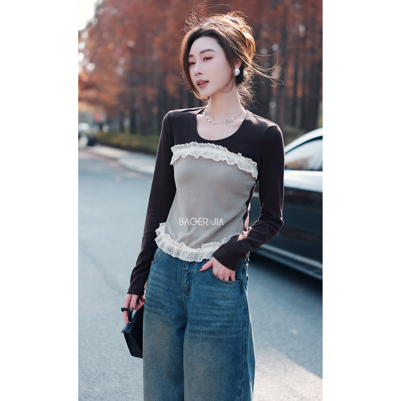 Z「Ballet」Bao'Er Home Bl131525412 Early Spring Lace Sleeve Merino Wool Cotton Texture Versatile Top T-Shirt Z「Ballet」Bao'Er Home Bl131525412 Early Spring Lace Sleeve Merino Wool Cotton Texture Versatile Top T-Shirt