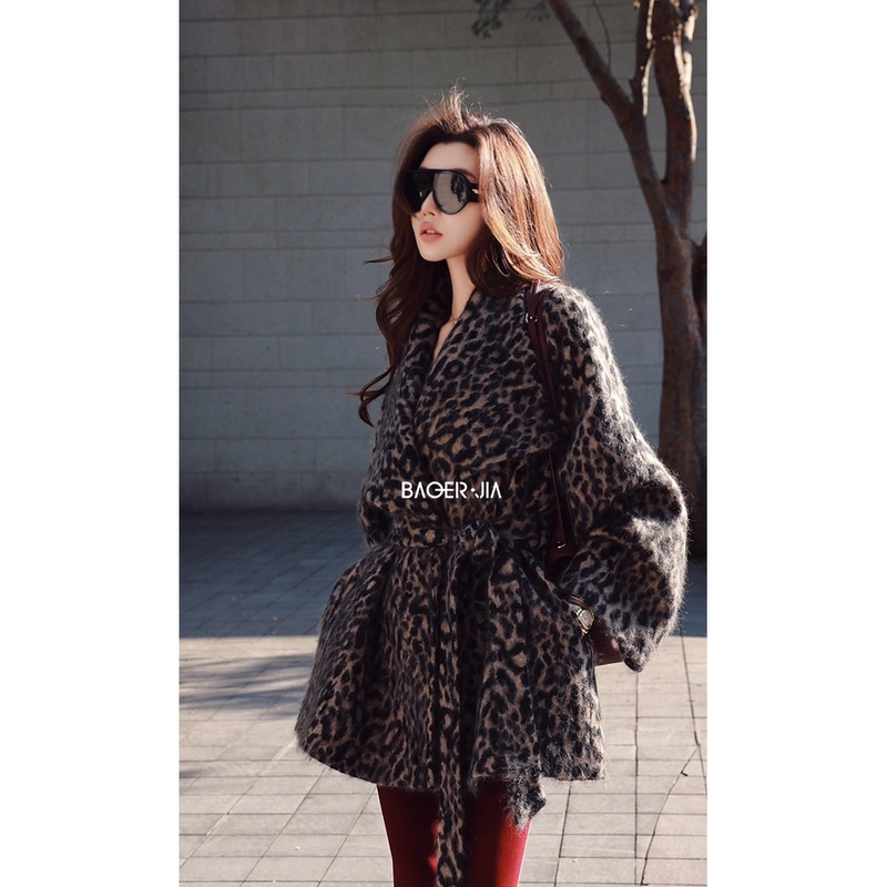 Vintage Leopard Print Bao'Erjia Bi29326309 Cashmere Blend Leopard Print Lapel Hanfu-Style Atmospheric Coat