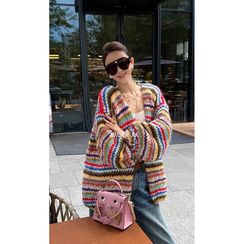 "Purely Handmade Rainbow" Baorujia Bv146826309Xq Belgian Color-Block Striped Hanfu Knitted Cardigan