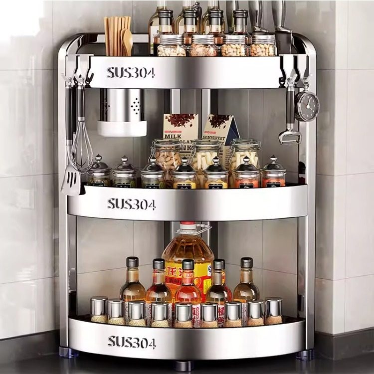 German-Style Kitchen Multi-Functional Storage Rack 2026 New Model 304 Stainless Steel Corner Countertop Multi-Layer Corner Spice Rack