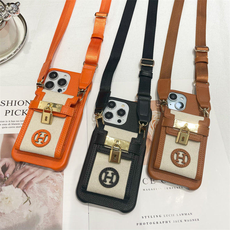 Lock-Shaped Bag with H Logo Suitable for Apple 17 Pro Max Phone Case iPhone 16 Fashionable Coin and Card Holder 15 Pro Luxury Genuine Leather 14 Crossbody Strap 13 Niche Card Slot 17 Simple Protective Case