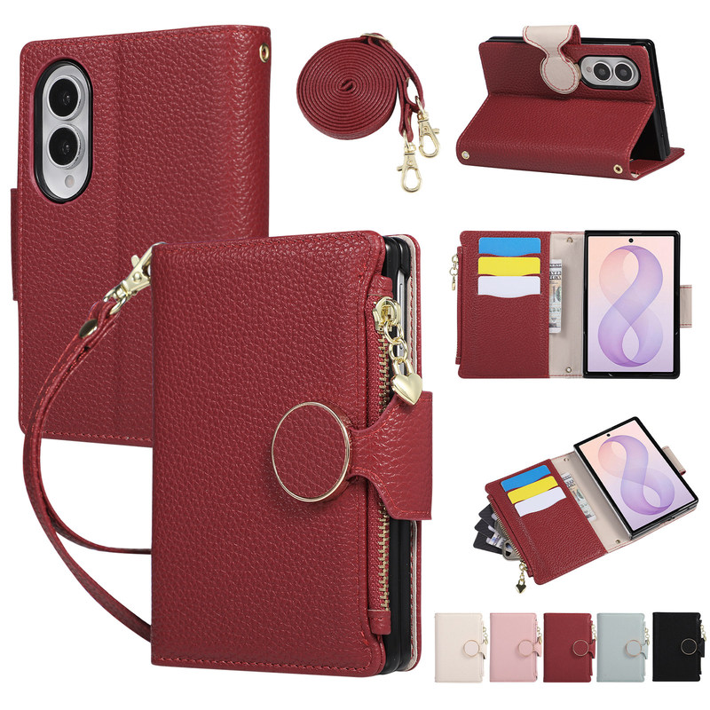 Litchi-Pattern Flip Wallet Case Suitable for Samsung Z Fold 8 Phone Case Galaxy Z Fold 8 Ultra Crossbody Strap Z Fold 7 High-End Luxury W26 Full-Cover Anti-Drop Z Fold 6 Protective Case