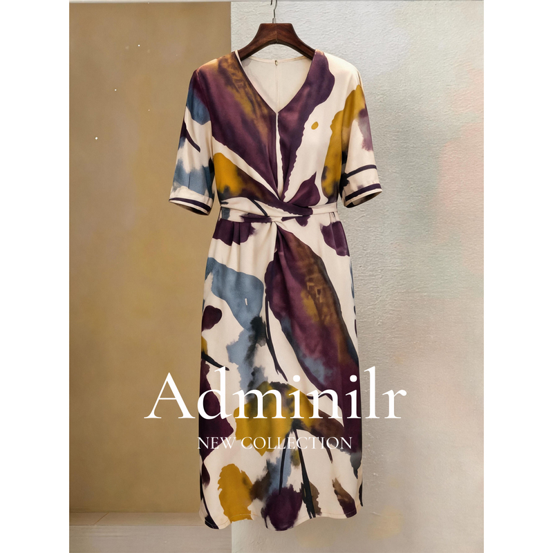 2026 Autumn Plus Size Women's Clothing Fat mm V-Neck Mid-Sleeve Purple Yellow Blue Ink Print Elegant Dress XL 2026 Autumn Plus Size Women's Clothing Fat mm V-Neck Mid-Sleeve Purple Yellow Blue Ink Print Elegant Dress XL