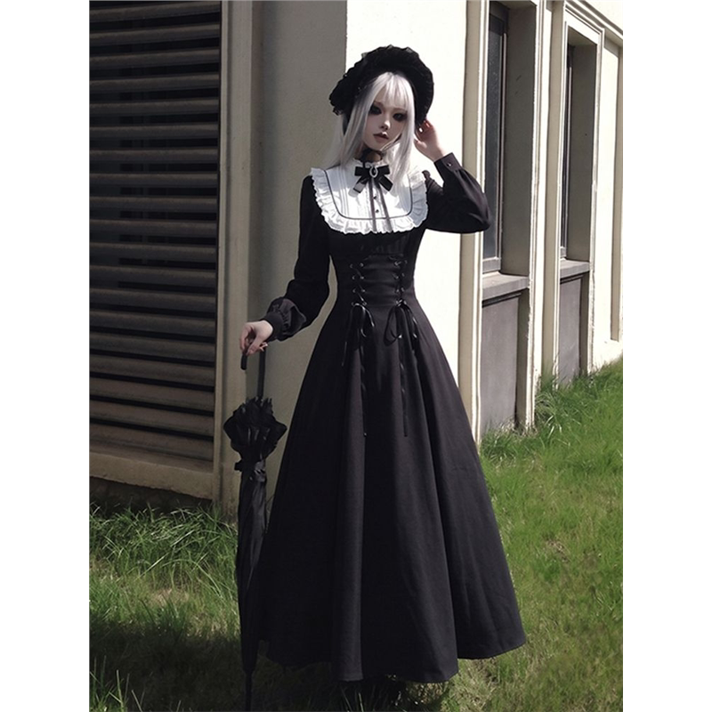 Black and White Dreamland Gothic Nun-Style Design Long-Sleeved Waist-Slimming Dress, New Elegant Long Dress for Autumn