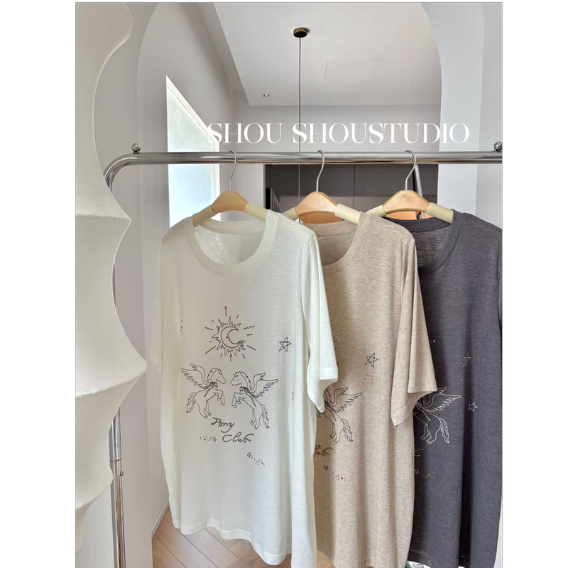 【S.S】Rhinestone Pony - Plus Size Round Neck Rhinestone Non-Irritating Print Loose Casual Versatile Short Sleeve S02893 【S.S】Rhinestone Pony - Plus Size Round Neck Rhinestone Non-Irritating Print Loose Casual Versatile Short Sleeve S02893