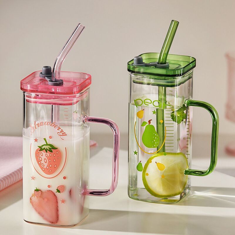 Simple Cup, High-Quality Glass Cup with Straw, Straight Square Cup, Milk Beverage Cup, Coffee Cup, High Temperature Resistant, with Scale