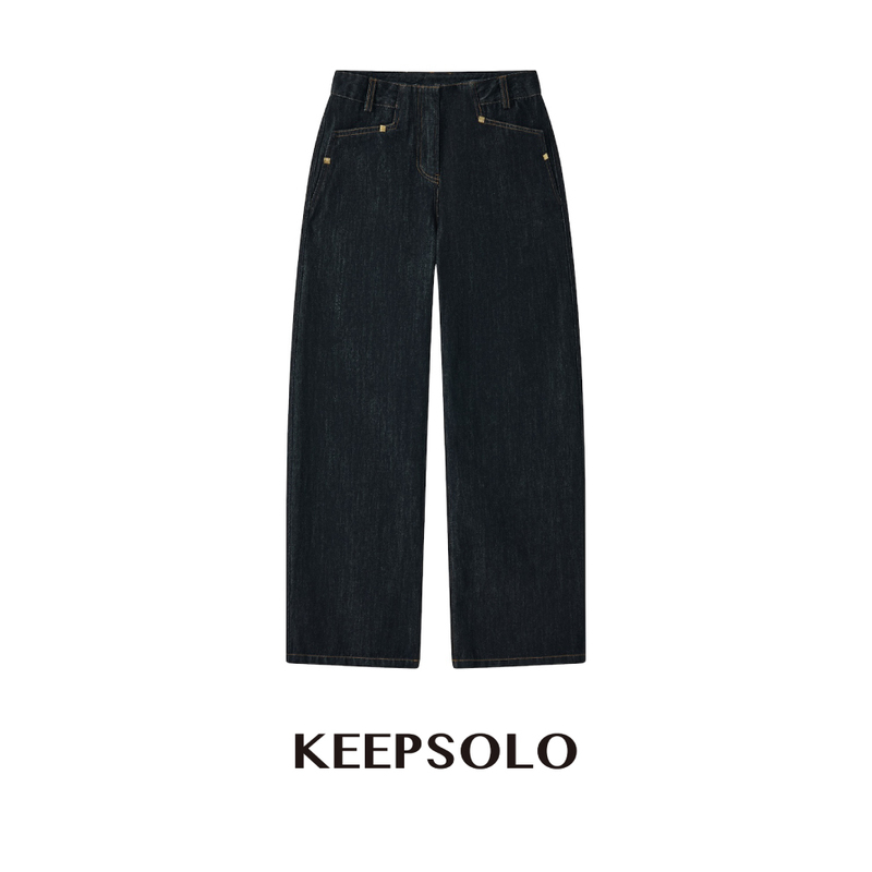 Keepsolo 2026 Autumn American Retro Dark Blue Washed Jeans Straight Loose Slimming Women's Long Pants 014
