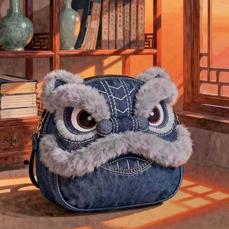 Tiktok Trending Intangible Cultural Heritage Bag Denim Coin Purse Backpack Crossbody Bag Handbag National Trend Lion Dance Bag Travel High Aesthetic Value