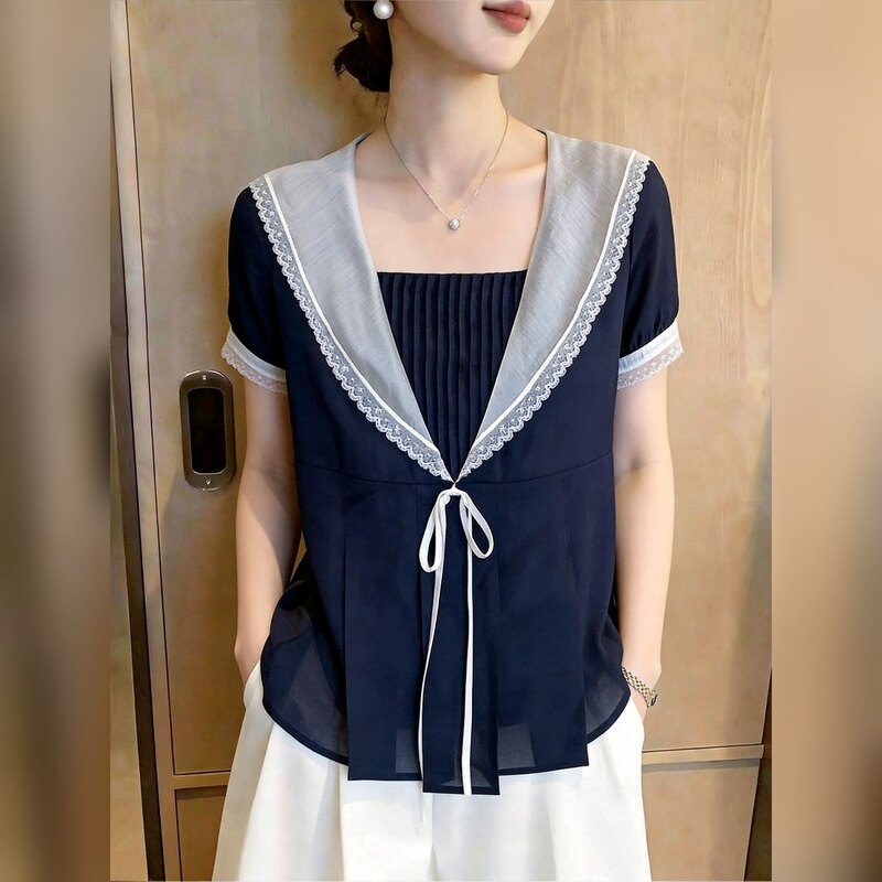 French Gentle Style Contrasting Lace Trim Sailor Collar Short-Sleeved Shirt Women's Elegant Top 2026 Summer New Style French Gentle Style Contrasting Lace Trim Sailor Collar Short-Sleeved Shirt Women's Elegant Top 2026 Summer New Style