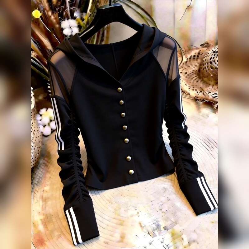 Black Button-Down Long-Sleeve Shirt for Women, Waist-Cinching, Slimming, Sporty Style, Elegant and Sophisticated Top, New for Autumn 2026