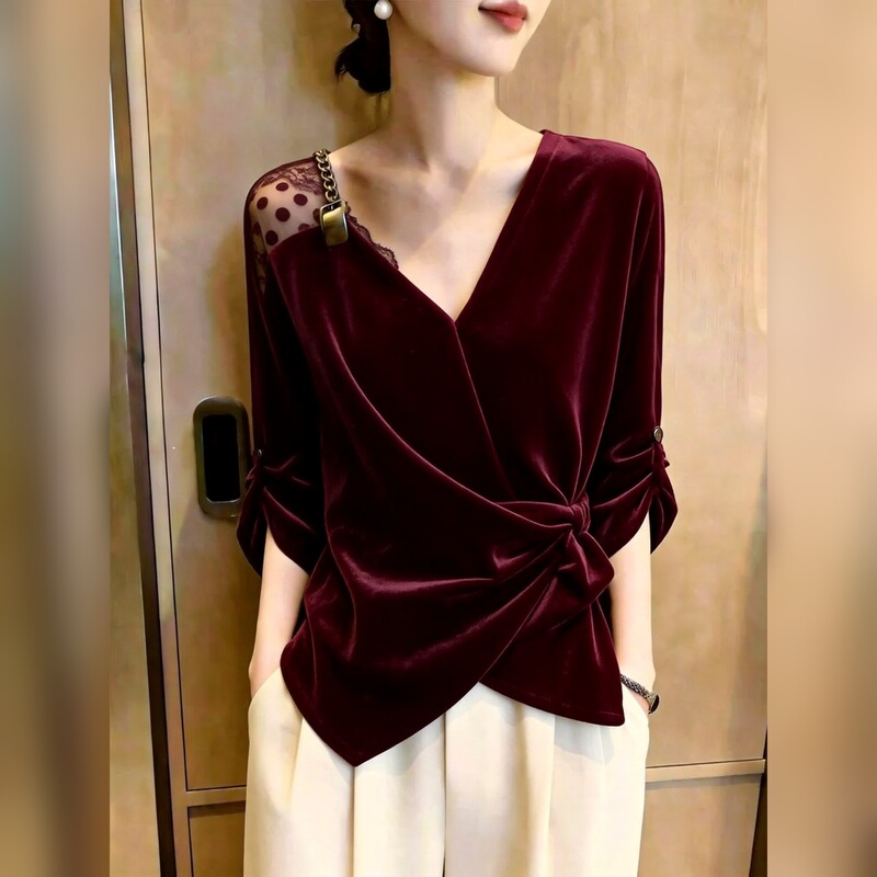 French V Neck Lace Patchwork Top for Women, Burgundy, Slimming, Elegant, Work Clothing, Accessible Luxury Women's Clothing, 2026 Autum New Style