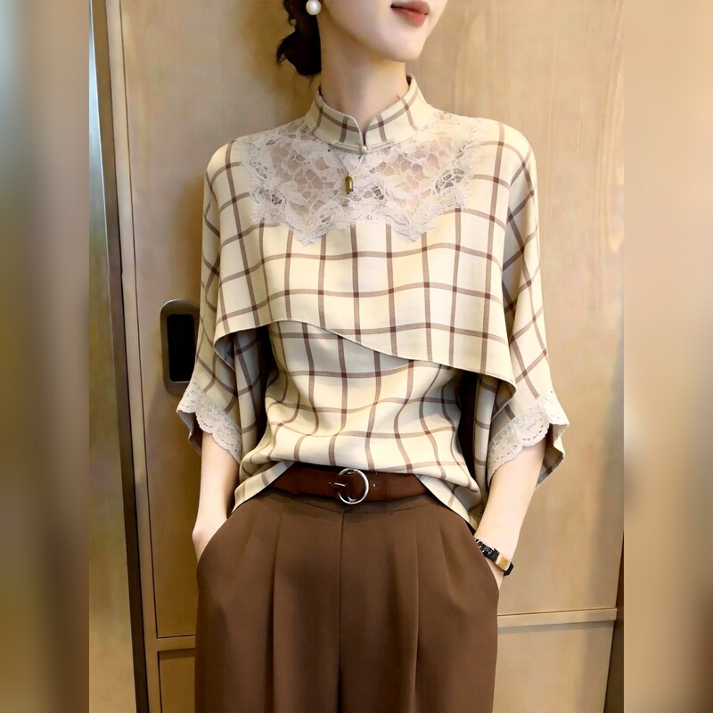 Retro Plaid Lace Patchwork Top for Women, Mature Style, Stylish and High-End Shirt, New Model for Autumn 2026