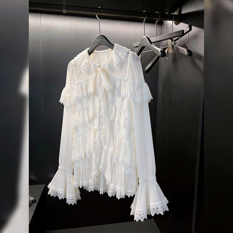 French Romantic Style White Ruffled Shirt for Women Spring Bow Lace Multi-Layered Top 2026 New Style