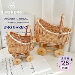 ins Retro Baby Rattan Stroller Styling Storage Willow Pure Hand-Woven Home Bedroom Flower Basket Pastoral